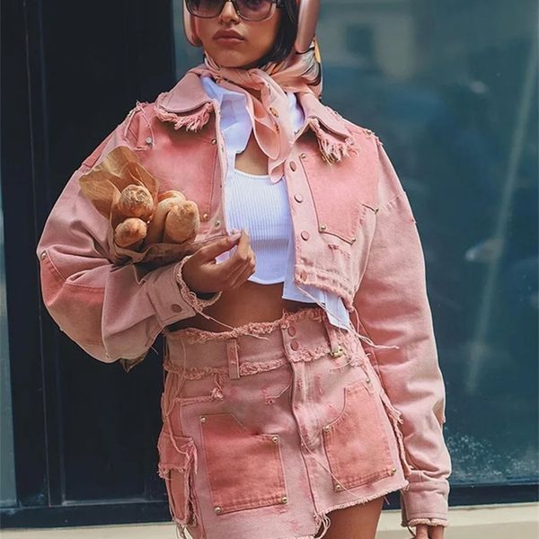 Kliou autumn womens denim jacket Y2K fashionable single chest lapel contrasting color long sleeved crop jacket womens streetwear 240923