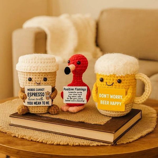 Funny Handmade Crochet fall decor Coffee Mug Figure With Card Cute Desktop Ornament Knitted Holiday Gifts Home Office Decor