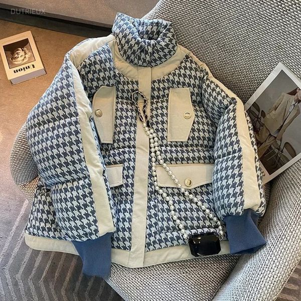 Cottonpadded Retro Stand Collar Coats For Women Winter Puffer Jacket Chic Blue Houndstooth Parkas Tops Jaqueta Feminina 241108
