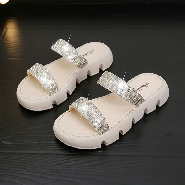 Slippers New Summer Two Wear Round Nose Women's Dress Sandals Chic Female Casual Beachwear Footwear Featuring Sparkling Stones Rounded Noses Adjustable