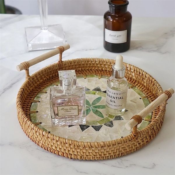 Rattan Tray with Mother of Pearl Inlay Wooden Base Round Woven Wicker Tray Coffee Table Tray for Storage Display Breakfest 250320bj