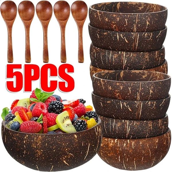 Natural Coconut Bowls For Serving Dishes Wooden Reusable Bowl Utensils Wood Spoon Natural Coconut Shell Bowls Kitchen Dinner Set 250320bj