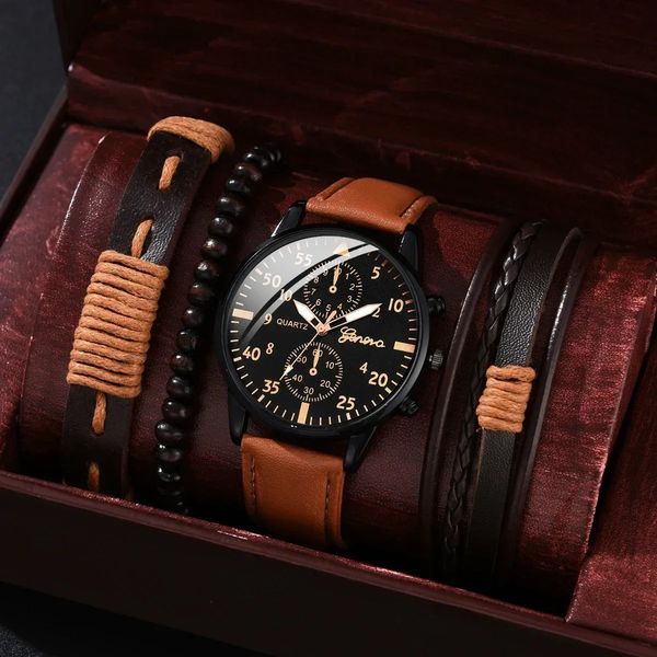 421pcs Men Sports Watches Set Man Business Quartz Wristwatch Brown Leather Bracelet Men Casual Clock WatchNO Box