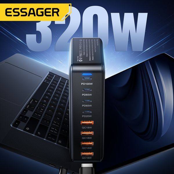 Essager 320W 2025 GaN Charger 8Port USB Type C Desktop Charging Station PD 100W Fast Charging For iPhone 16 15 14 iPad Book Laptop