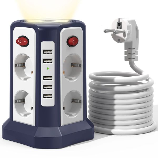 Euro 8-Position Smart Socket Tower with 5 USB Ports Multi-function Expansion and Individual Switch Control for Home and Office 250106
