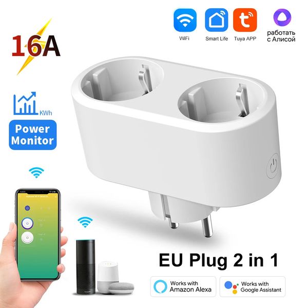 Tuya WiFi Dual Outlet 16A APP Smart Plug 2 in 1 Socket EU with Energy Metering Timer Function Works with Alexa Google Controlled 250106