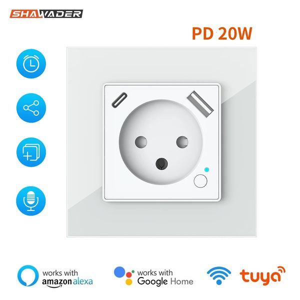 Shawader Tuya WiFi Smart Israel Wall Socket EU Power Plug Outlet USB Type-C PD 20W Charge Port for Alexa Dot Google Home 250106