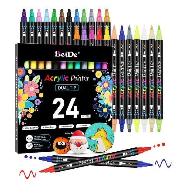 24 color double headed acrylic paint marking waterproof permanent art item used for rock glass fabric graffiti school stationery 250106