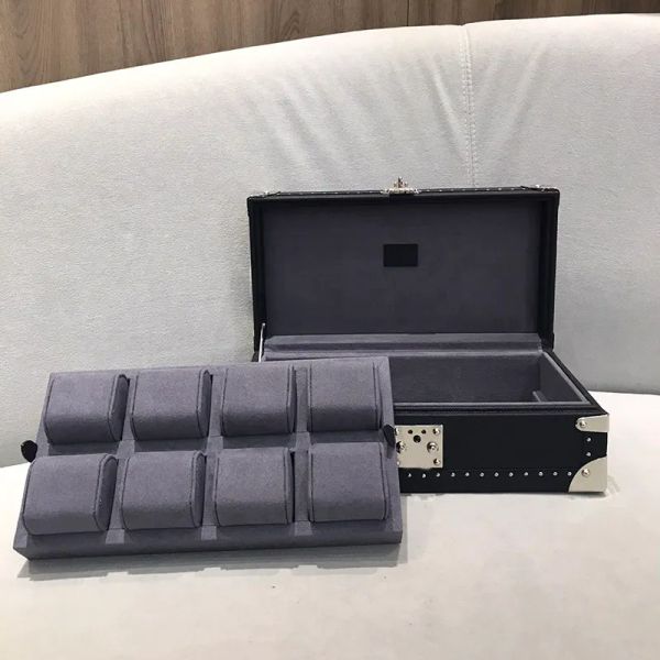 tool air box 8 WATCH CASE suitcase Golden brass pieces Brown Leather trim S-lock with key Removable cushions for the watches Beauty Box jewe