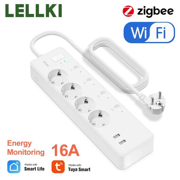 LELLKI Zigbee Power Strip Energy Monitoring Wifi Smart Usb Socket 220V Eu Korea Plug Tuya Smart Life Home Alexa Google Yandex 250106