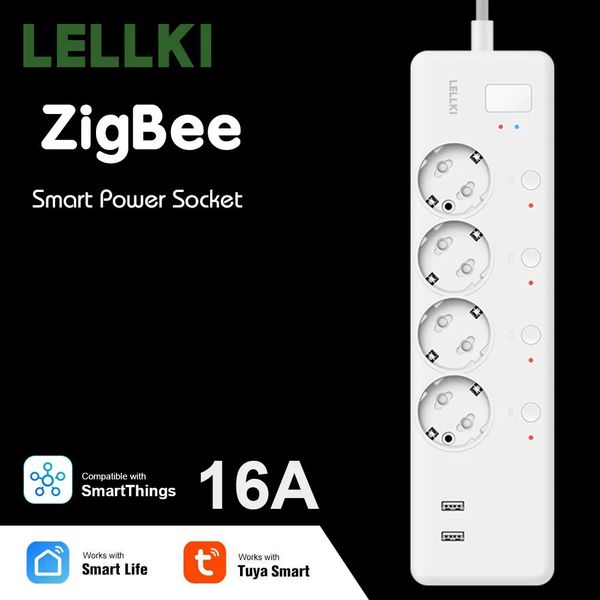 LELLKI Zigbee Power Strip Kr Usb Plug Tuya Smart Life Home Timer 16A 220V Germany EU Socket Extension Cord Alexa SmartThings 250106