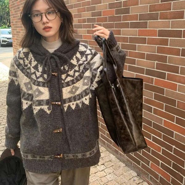 Fair Isle Vintage Hooded Cardigans Women Japanese Style Horn Button Long Sleeve Sweater Coats Woman Thicken Warm Jackets Female
