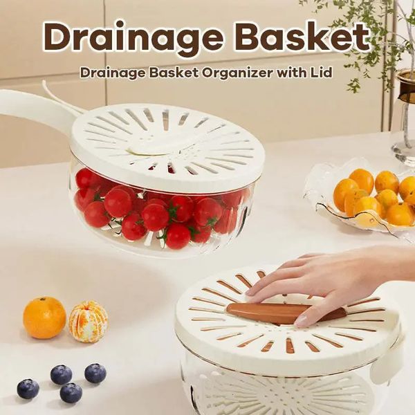 Drain Basket Storage Box Multifunctional Vegetable and Fruit Dehydrator with Lid Foldable Handle Drainer 250107