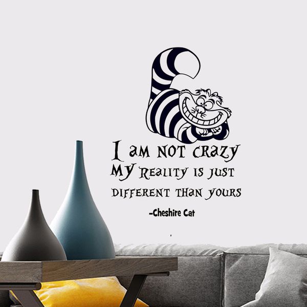 Alice In Wonderland Wall Sticker Cat Quotes "I Am Not Crazy" Vinyl Decals Room Wall Art Decoration