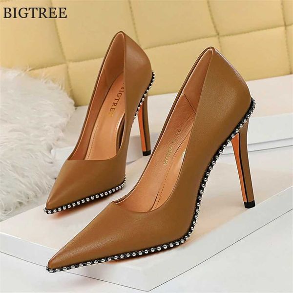 BIGTREE Women's Leather Heels - Beaded Detail