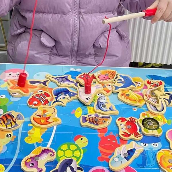 Montessori Wooden Fishing Toys For Children Magnetic Marine Life Cognition Fish Games Parent-Child Interactive Educational Toy X2501139