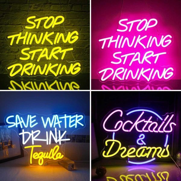 New Arrival Stop thinking and start drinking neon signs LED bright night lights bar rooms home studios hanging wall decorations acrylic panel lights Z250118