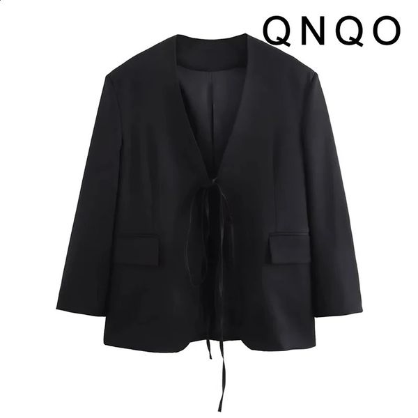 QNQO Blazers for Women Suit Collar V Neck Lace Up Pockets Office Lady Casual Loose Coats Fashion Elegant Female Coat
