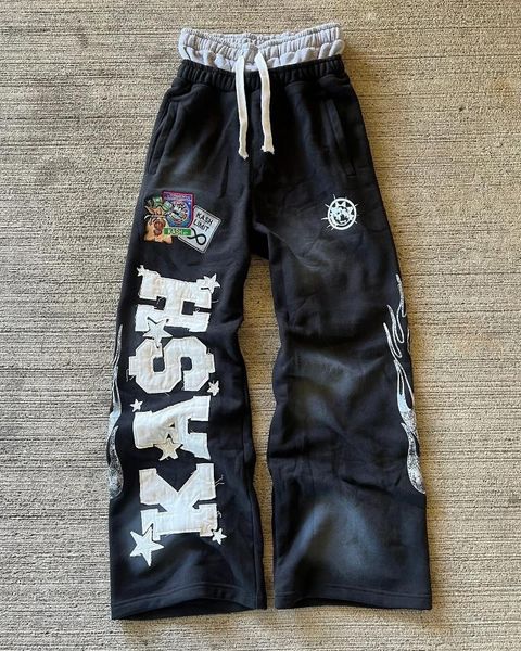 Men's Pants American Letter Patch Retro Double Layer Design Y2K Baggy Sweatpants Men Hip Hop Gothic Elastic Waist Jogging Casual Men's Clothing
