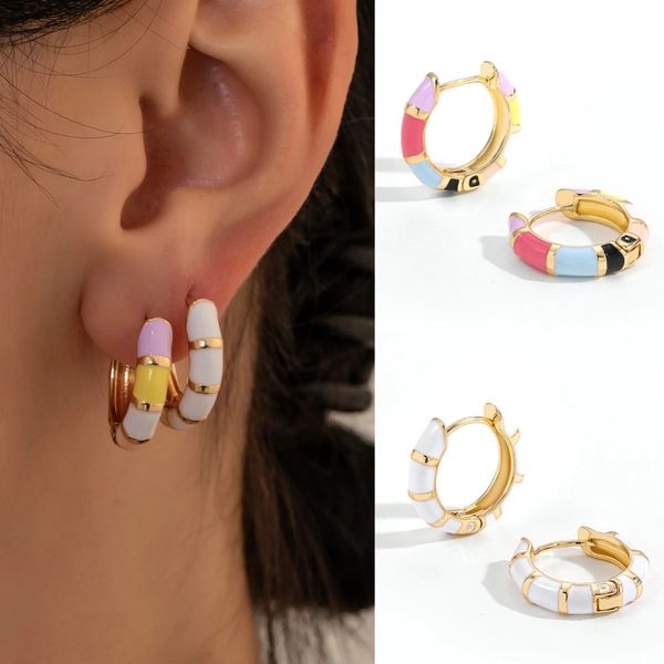 Cute Enamel Colorful Block Earrings for Women Rainbow Color Gold Plated Round Circle Ear Buckles Tiny Piercing Earrings 250729