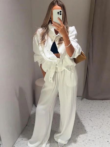 Autumn White Long Pants Set For Women Chic Long Sleeve Bomber Jacket Loose Wide Leg Trousers 2 Pieces Suit Lady Chic Outfit