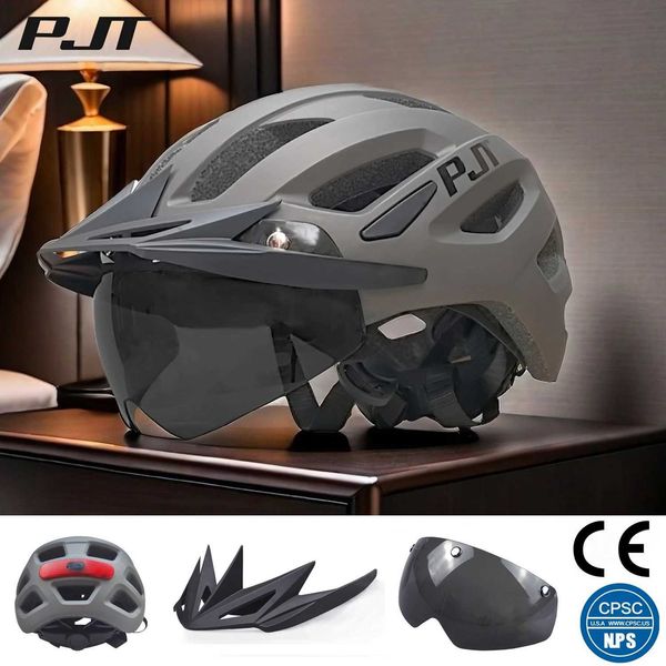 PJ New LED Bike Helmet With Sunglasses Visor Rechargeable LED Men Bicycle Helmet Sunglasses Shield Road MTB Cycling Helmets L250808