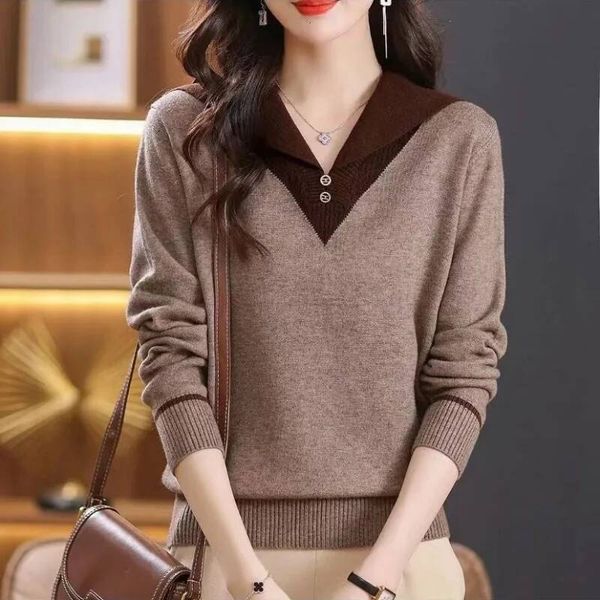 Women's Pullover V-neck Button Patchwork Sweaters 2023 Autumn and Winter New Loose Long Sleeve Fashion Elegant Knitted Tops dongdumaoyi