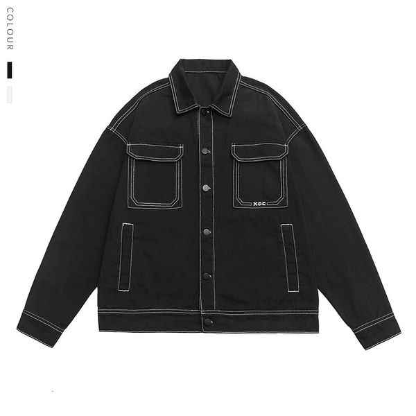 Men's Fashion Baggy Denim Jacket Streetwear Large Pocket Contrast Oversized Black White Washed Denim Coats Autumn 4XL 5XL
