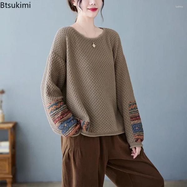Women's Sweaters Vintage Patchwork Sweater For Women Spring Autumn Fashion O-neck Loose Casual Knitted Pullover Females Elegant Knitwear