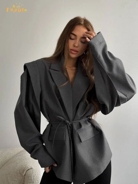 Solid Lace Up Lapel Jacket Women Fashion V Neck Long Sleeve Waist Cinching Autumn Short Coat 2025 Office Lady Chic Outerwear 250811
