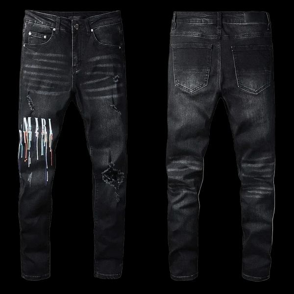 European and American fashion street spray painted colorful letters denim cotton casual pants youth tight jeans, Black
European and American fashion street spray painted colorful letters denim cotton casual pants youth tight jeans, Black