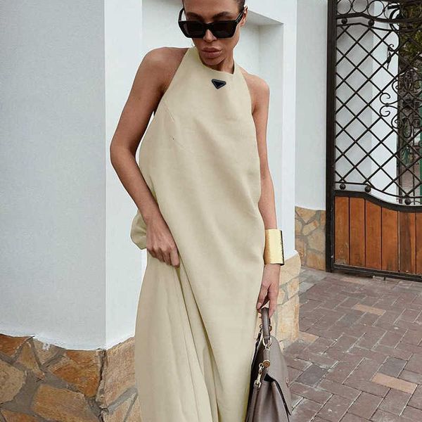 Basic & Casual Dresses designer 2025 Autumn Cotton Linen Dress Khaki Halter Neck Loose Vacation Tank Long Women's othing QHS8 BR0B