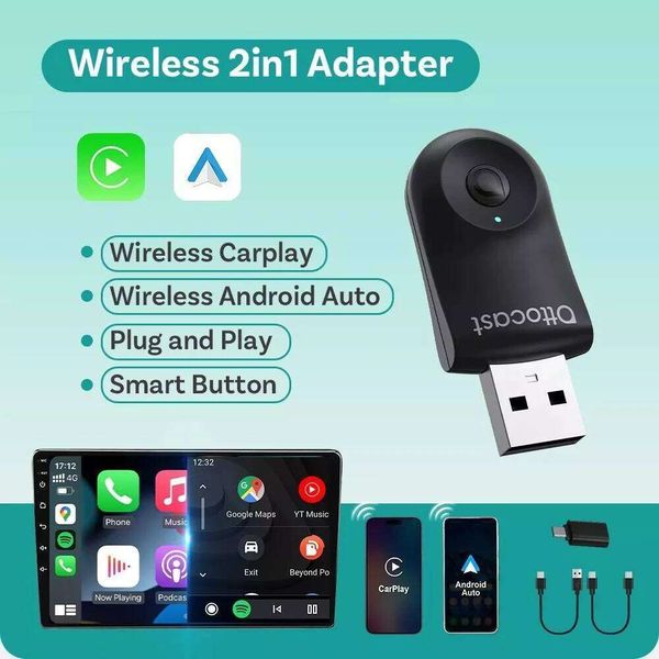 OTTOCAST 2-In-1 Mini Wireless Carplay Android Auto Adapter One-Click Disconnect Dongle for Toyota Audi Mercedes-Benz