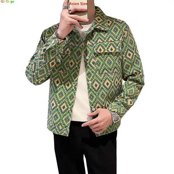 Green Men Diamond Plaid Printed Jacket Fashion Casual Coats Blue Black Denim Jackets