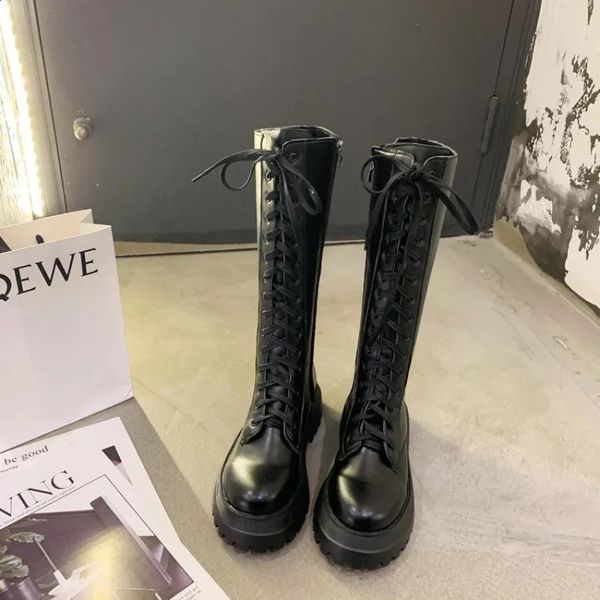 Women Motorcycle Boots Wedges Flat Shoes Woman High Heel Platform PU Leather Boots Lace Up Women Shoes Black Boots Girls 250815