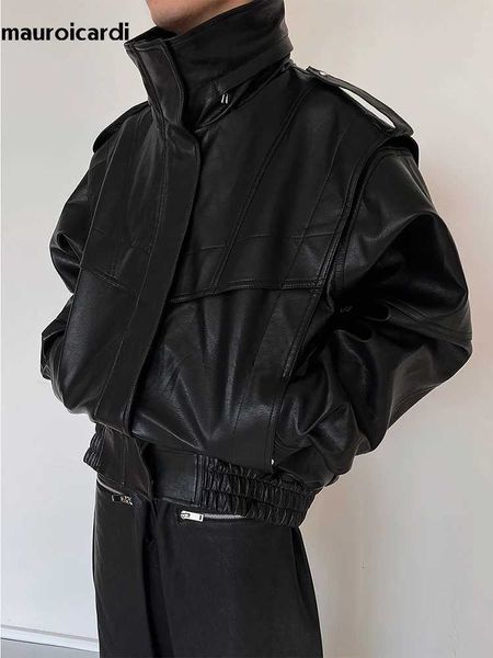 Mauroicardi Autumn Winter Oversized Cool Waterproof Windproof Black Pu Leather Jacket Men Zip Up Luxury Designer Clothes 2023 XJ250818