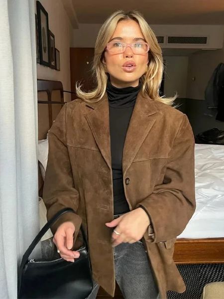 Vintage Brown Suede Leather Blazer Jackets For Women Winter Fashion Lapel Single Breasted Pockets Crop Coats Women Outwear