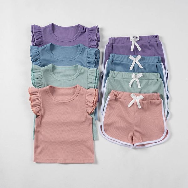 Summer Baby Cute Girl Fly Sleeve Shorts T-Shirt Set Ruffle Costume Set Kids Shorts Casual Wear Oufits 250820BJ