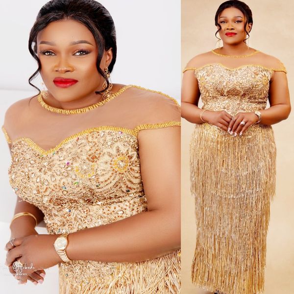 Gold Sheath Prom Dresses 2025 Beaded Crystals Tassels Sheer Neck Evening Formal Party Second Birthday Engagement Gowns Plus Size Dress For Special Occasions