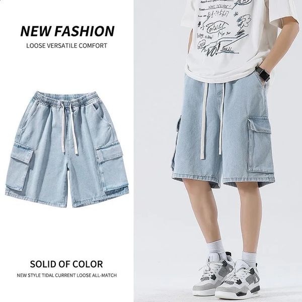Summer shorts jeans men's denim stretch deep blue fashionable n slim fit straight leg short
