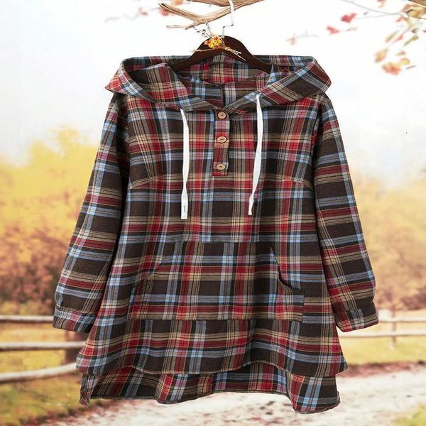 Plaid Print Half Button Drawstring Hoodie Casual Long — compare prices at CompareOffers