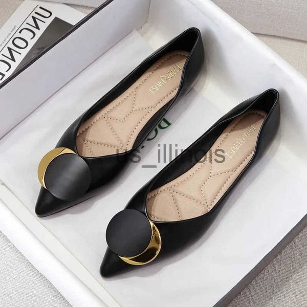 Flats Shoes Women Pointed Toe St leather Blk Beige Lady Fashion Flats Round buckle Flat Sole Large Size 42 43