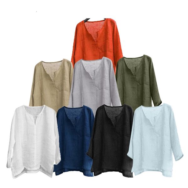 Men's Cotton Linen Shirts Blouses Long Sleeve Social Shirts For Men V-Neck White Formal Shirt Oversized Shirts Top Men's Clothing