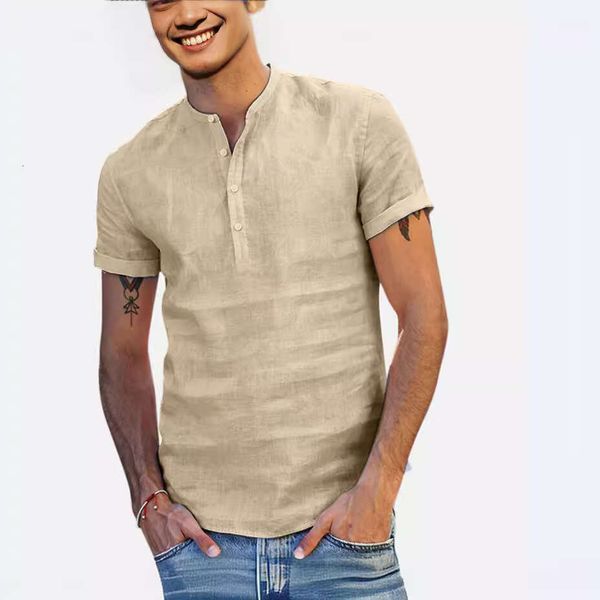 Men's Stand Collar Short Sleeve V-Neck Cotton Linen Shirt, Black
Men's Stand Collar Short Sleeve V-Neck Cotton Linen Shirt, Black