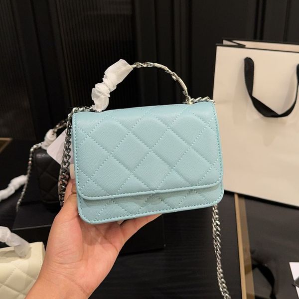 Designer Ladies Square Blue Flap Bag Enamel Letters Decoration Handle Caviar Leather Gold Silver Hardware Shoulder Metal Chain Lovely Cross Body Handbag 15x10cm, White 
Designer Ladies Square Blue Flap Bag Enamel Letters Decoration Handle Caviar Leather Gold Silver Hardware Shoulder Metal Chain Lovely Cross Body Handbag 15x10cm, White