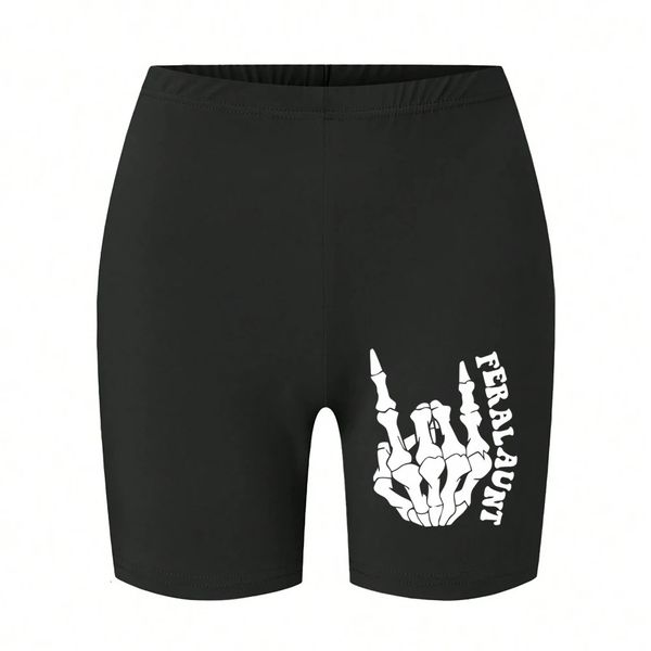 Fashion Womens Leggings Short Simple White Skeleton Hands Graphic Printing Sports Shorts High Elastic Thin Female Streetwear 250303Z