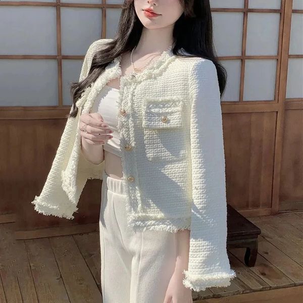 Korean Plaid Tassel Tweed Woolen Coat Women Fashion White Autumn Elegant Jacket O Neck Office Lady Single Breasted Outwear 250225