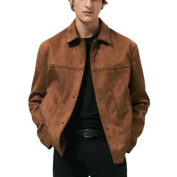Mens Jacket Suede Lapel Single Breasted Long Sleve Outerwear Coats Spring Autum…
