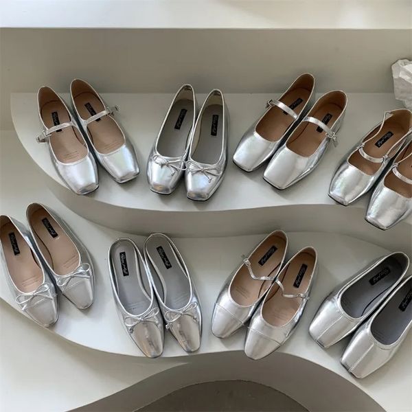 Silver Flats Ballet Shoes for Women Mary Janes Casual Shallow Slip on Pumps Sequare Toe Elegant Woman Heeled Shoes Loafers