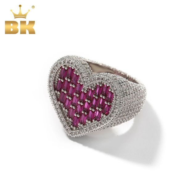 THE BLING KING Big Baguettecz Heart Ring Full Paved Out Square Red Purplle Cubic Zirconia HipHop Ring Punk Jewelry For Men Women 250303